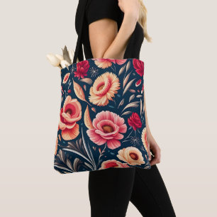 Vintage Pink, Orange, and Red Flower Pattern Tote Bag
