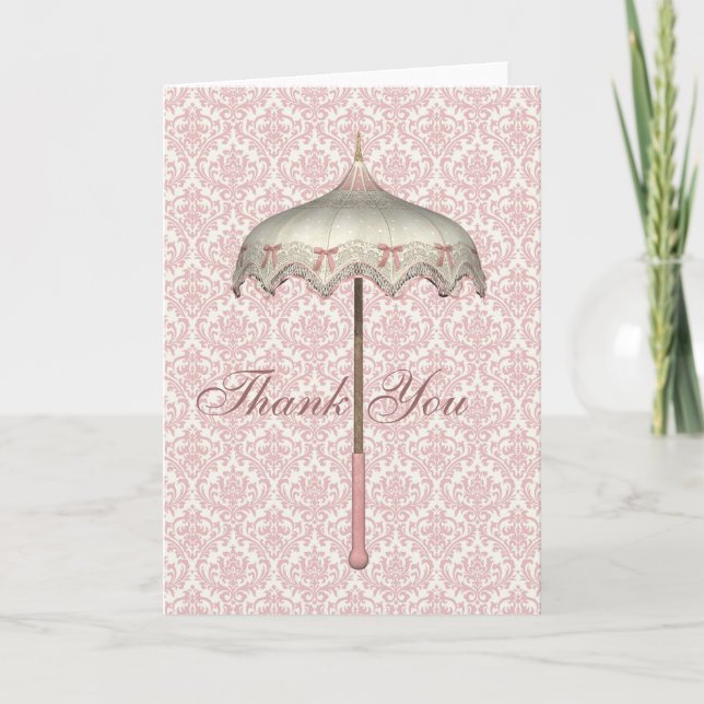 Vintage Pink Parasol Umbrella Thank You Cards (Front)