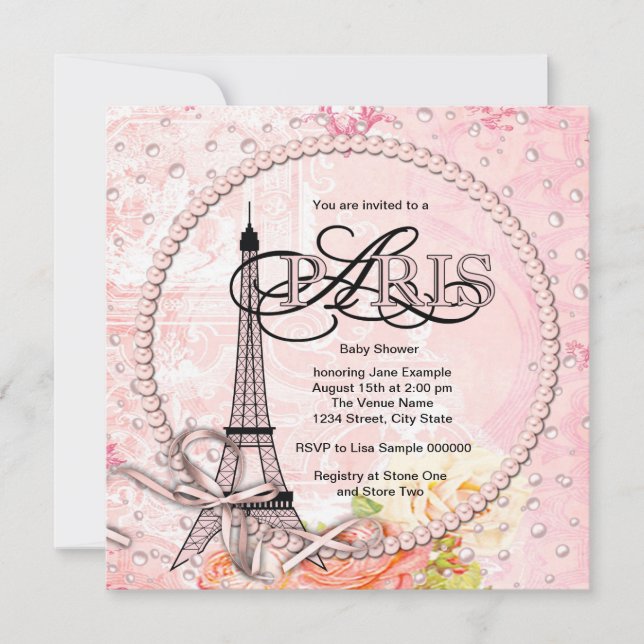 Vintage Pink Paris Baby Shower Invitations (Devant)