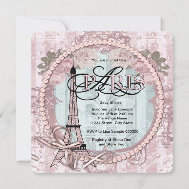Vintage Pink Paris Baby Shower Invitations (Front)