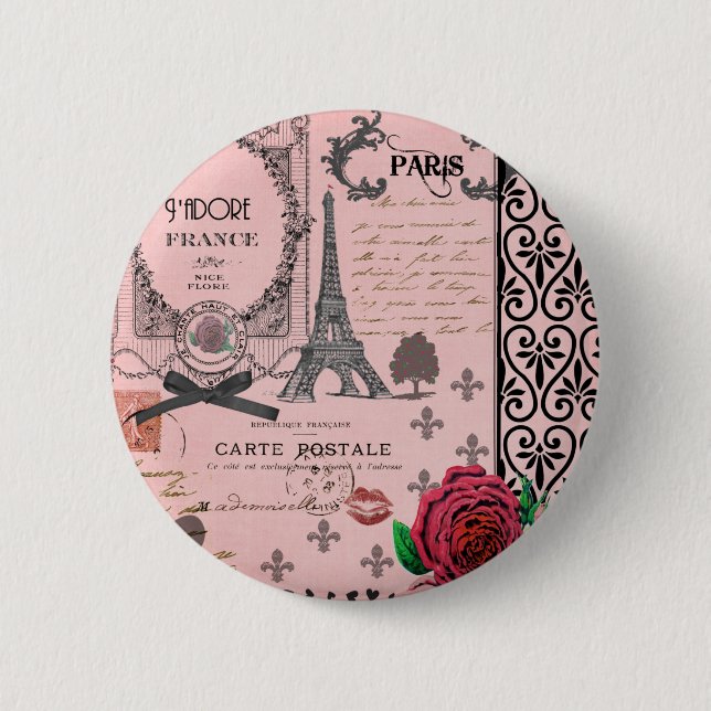 Vintage Pink Paris Collage 2 Inch Round Button (Front)
