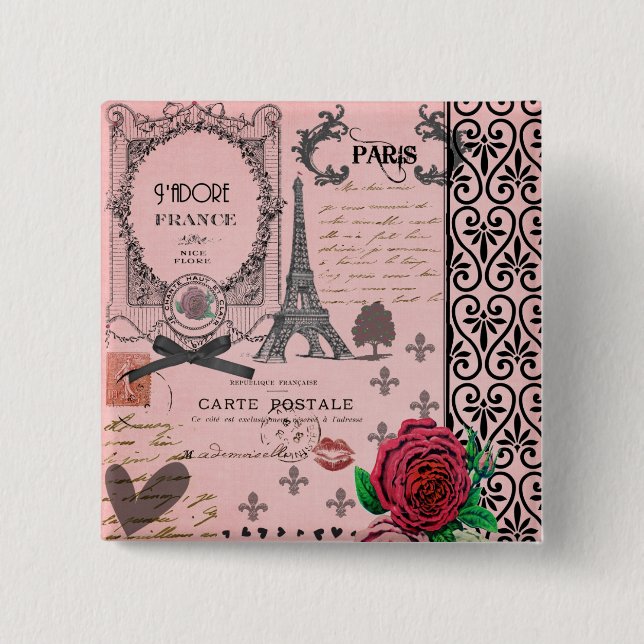 Vintage Pink Paris Collage 2 Inch Square Button (Front)
