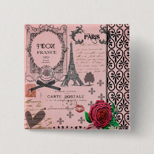 Vintage Pink Paris Collage 2 Inch Square Button