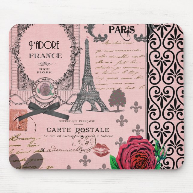 Vintage Pink Paris Collage Mouse Pad (Front)