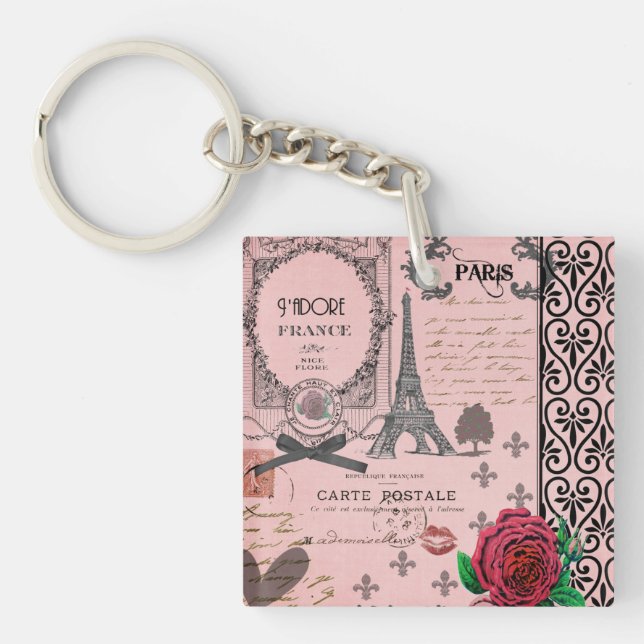 Vintage Pink Paris Collage personalized keychain (Front)