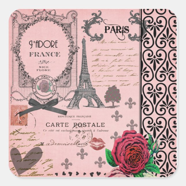 Vintage Pink Paris Collage Square Sticker (Front)