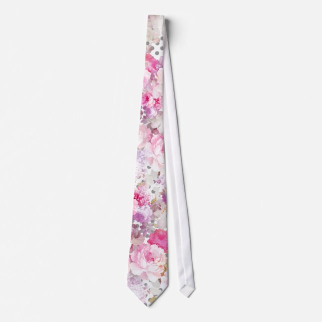 Vintage pink pastel flowers polka dots pattern tie (Front)