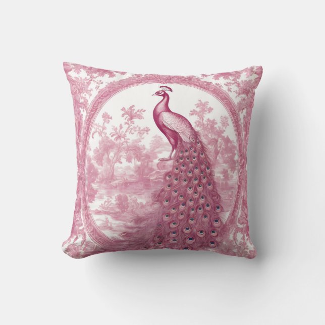 Vintage pink peacock throw pillow (Front)