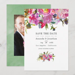 Vintage Pink Peonies Watercolor Wedding Photo Save The Date