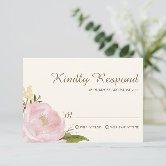 Vintage Pink Peonies Wedding RSVP Card (Standing Front)