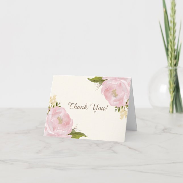 Vintage Pink Peonies Wedding Thank You Card (Front)