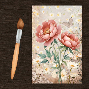 Vintage Pink Peonies White Daisies Lace and Moths Tissue Paper