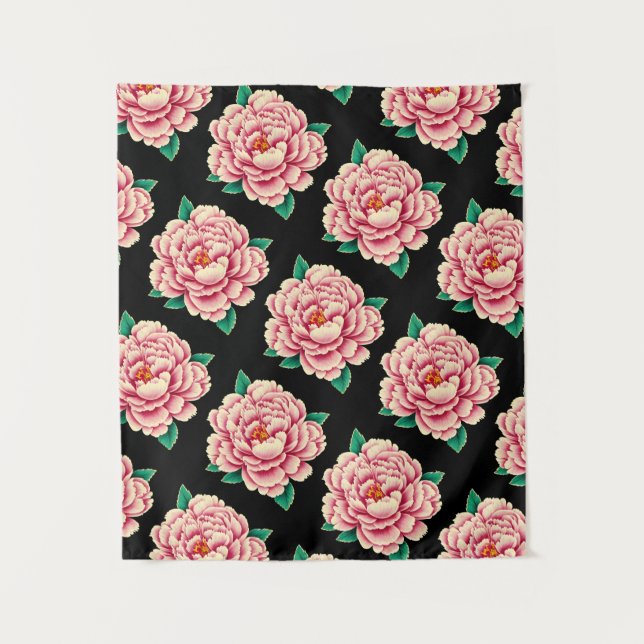 Vintage Pink Peony Flower Pattern Black  Tapestry (Front)
