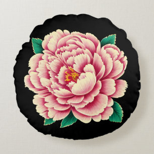 Vintage Pink Peony Flower Round Pillow