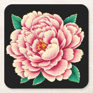Vintage Pink Peony Flower Square Paper Coaster