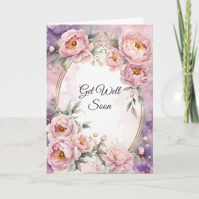 Vintage Pink Peony Oval Frame Get Well Card (Front)