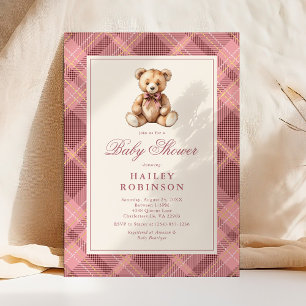 Vintage Pink Plaid Teddy Bear Baby Shower Invitation