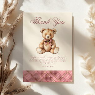 Vintage Pink Plaid Teddy Bear Baby Shower Thank You Card