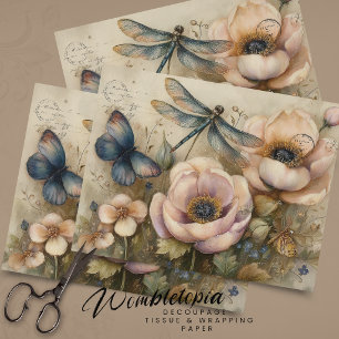 Vintage Pink Poppies & Butterfly Floral Decoupage Tissue Paper