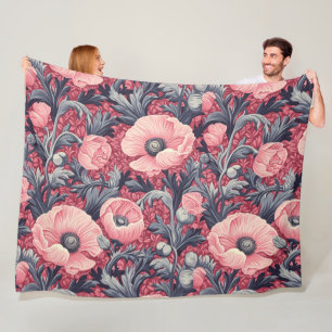 Vintage Pink Poppies Floral  Fleece Blanket