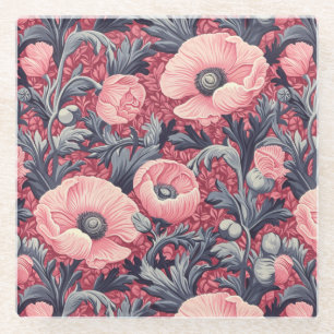 Vintage Pink Poppies Floral  Glass Coaster