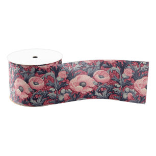Vintage Pink Poppies Floral  Grosgrain Ribbon