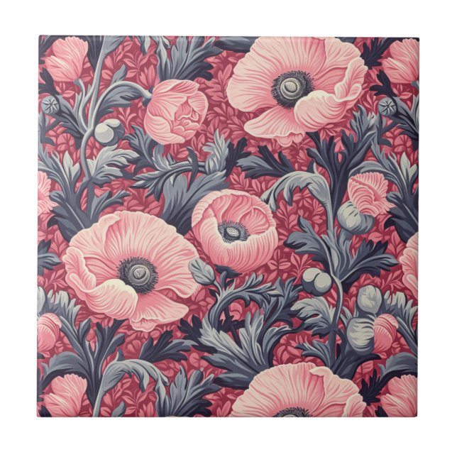 Vintage Pink Poppies Floral  Tile (Front)