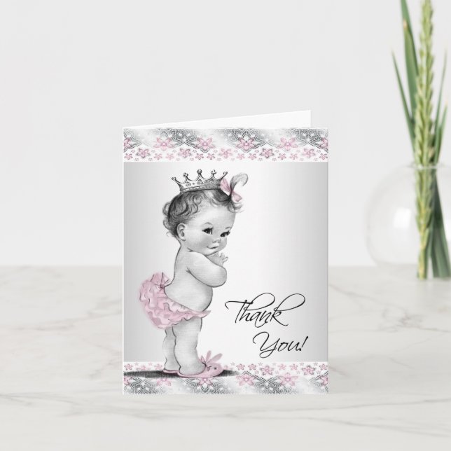 Vintage Pink Princess Baby Shower Thank You Cards (Front)