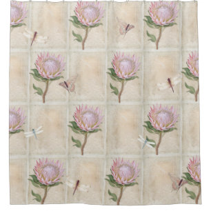 Vintage Pink Protea Flower Dragonfly Butterfly Art