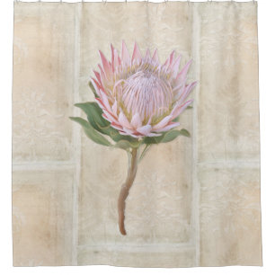 Vintage Pink Protea Flower Fern Damask Tan Pattern
