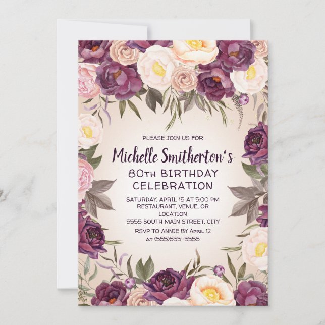 Vintage Pink Purple Floral 80th Birthday Invitation (Front)