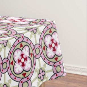 Vintage Pink Red Barcelona Tile Flower Ribbon Tablecloth