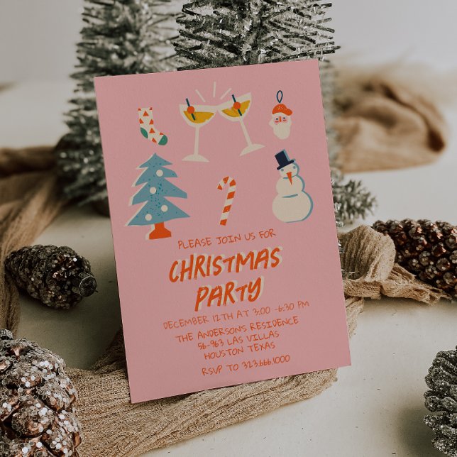 Vintage Pink Red Illustrated Fun Christmas Party  Invitation (Creator Uploaded)