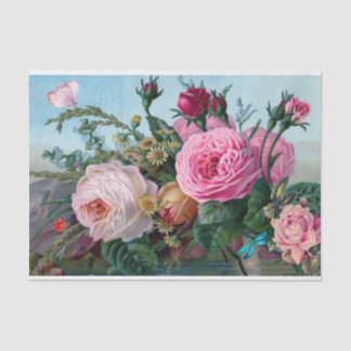 Vintage Pink, Red Roses and Bugs Floral  Tissue Paper