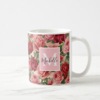 Vintage Pink Red Roses Floral Monogrammmed
