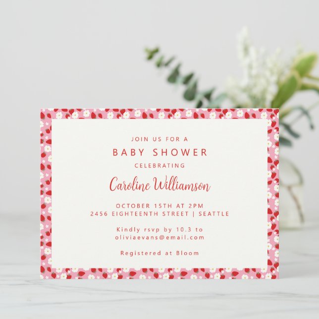 Vintage Pink Red Strawberries Flower Baby Shower Invitation (Standing Front)