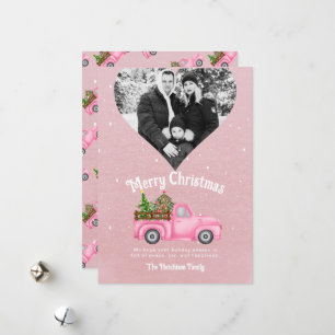 Vintage pink red truck Christmas tree heart photo Holiday Card