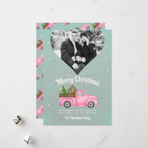 Vintage pink red truck Christmas tree heart photo Holiday Card