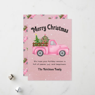 Vintage pink red truck Christmas tree Merry Holiday Card