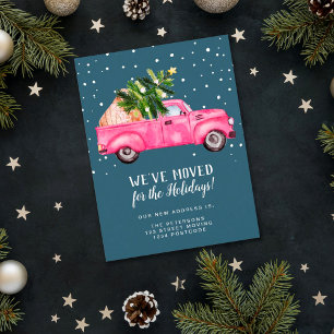 Vintage pink red truck Christmas tree moving Announcement Postcard