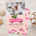 Vintage pink red truck Christmas tree pink photo Holiday Card<br><div class="desc">Merry Christmas! Vintage pink red truck watercolor illustration and green Christmas tree with white snow on pastel blush pink, 
 , add 1 photo. Perfect winter and holidays card.</div>