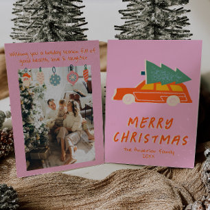 Vintage Pink Red Truck Funky Abstract Christmas Holiday Card