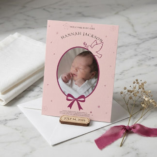 Vintage Pink Ribbon Bow Oval Photo Baby Girl Invitation