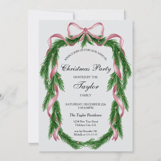 Vintage Pink Ribbon Wreath Christmas Dinner Party Invitation (Front)