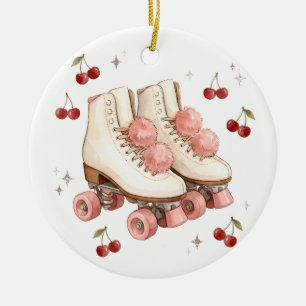 Vintage Pink Roller Skates and Cherries Ceramic Ornament