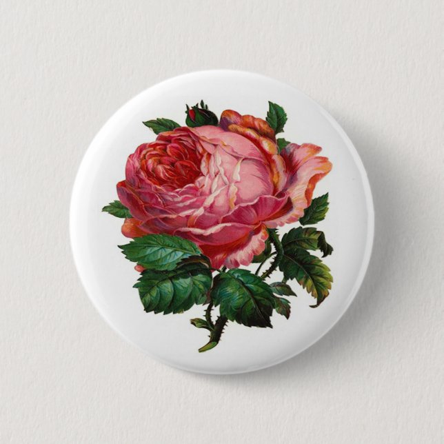 VINTAGE PINK ROSE 2 INCH ROUND BUTTON (Front)