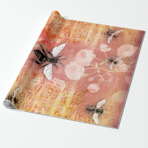 Vintage Pink Rose and Bees Music Decoupage Wrappin Wrapping Paper
