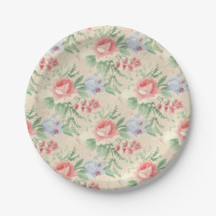 Vintage Pink Rose and Blue Flower Pattern Paper Plate