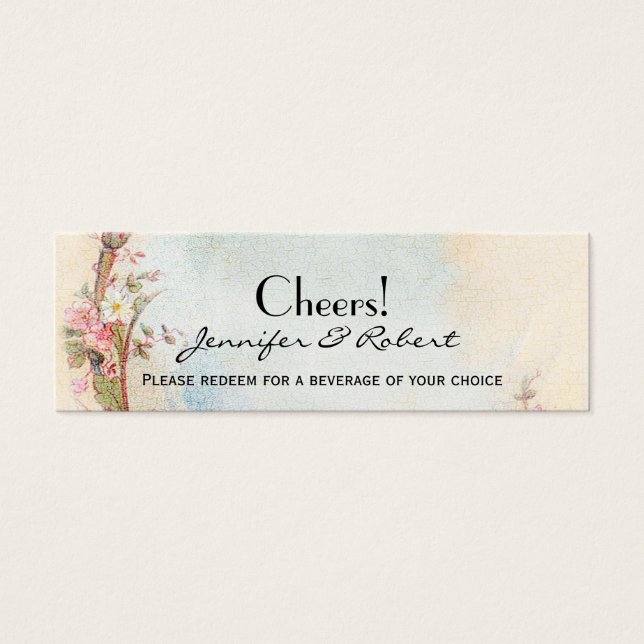 Vintage Pink Rose and Robin Wedding Drink Tickets (Front)