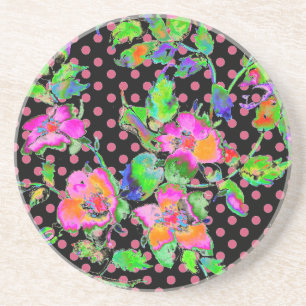 Vintage Pink Rose black and pink polka-dots Coaster